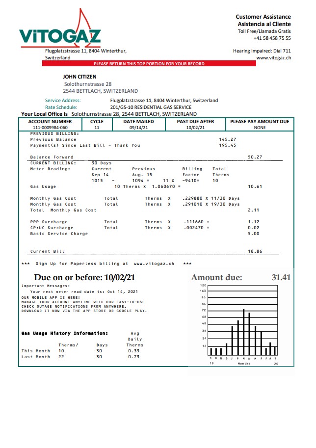 Switzerland Vitogaz Switzerland AG utility bill template, fully editable in Word and PDF format
